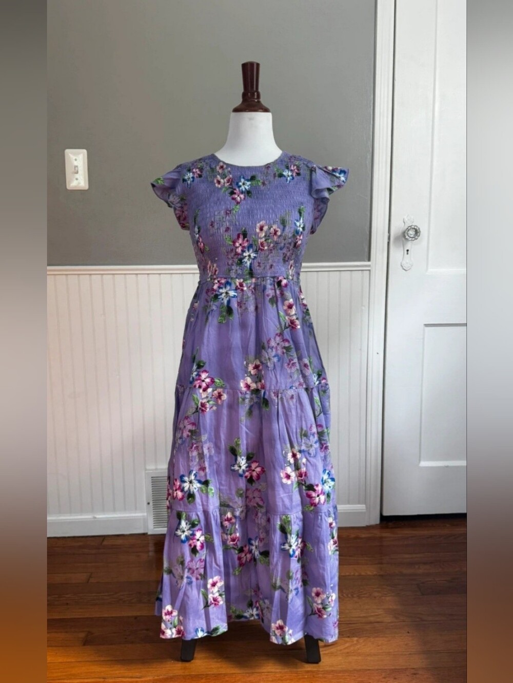 Women's ' Lavender Floral Smocked Maxi Dress with Flutter Sleeves